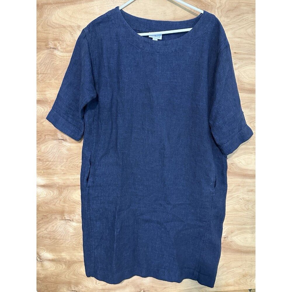 J Jill 100% Linen Dress S  Blue  Short Sleeves Pockets Preppy
